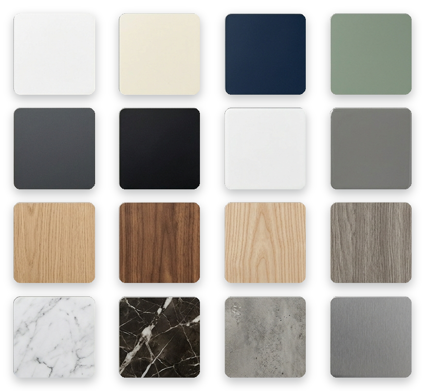Sixteen vinyl finish samples: matt colours, gloss white and black, oak, walnut, ash and grey woodgrains, marble, concrete and brushed steel.
